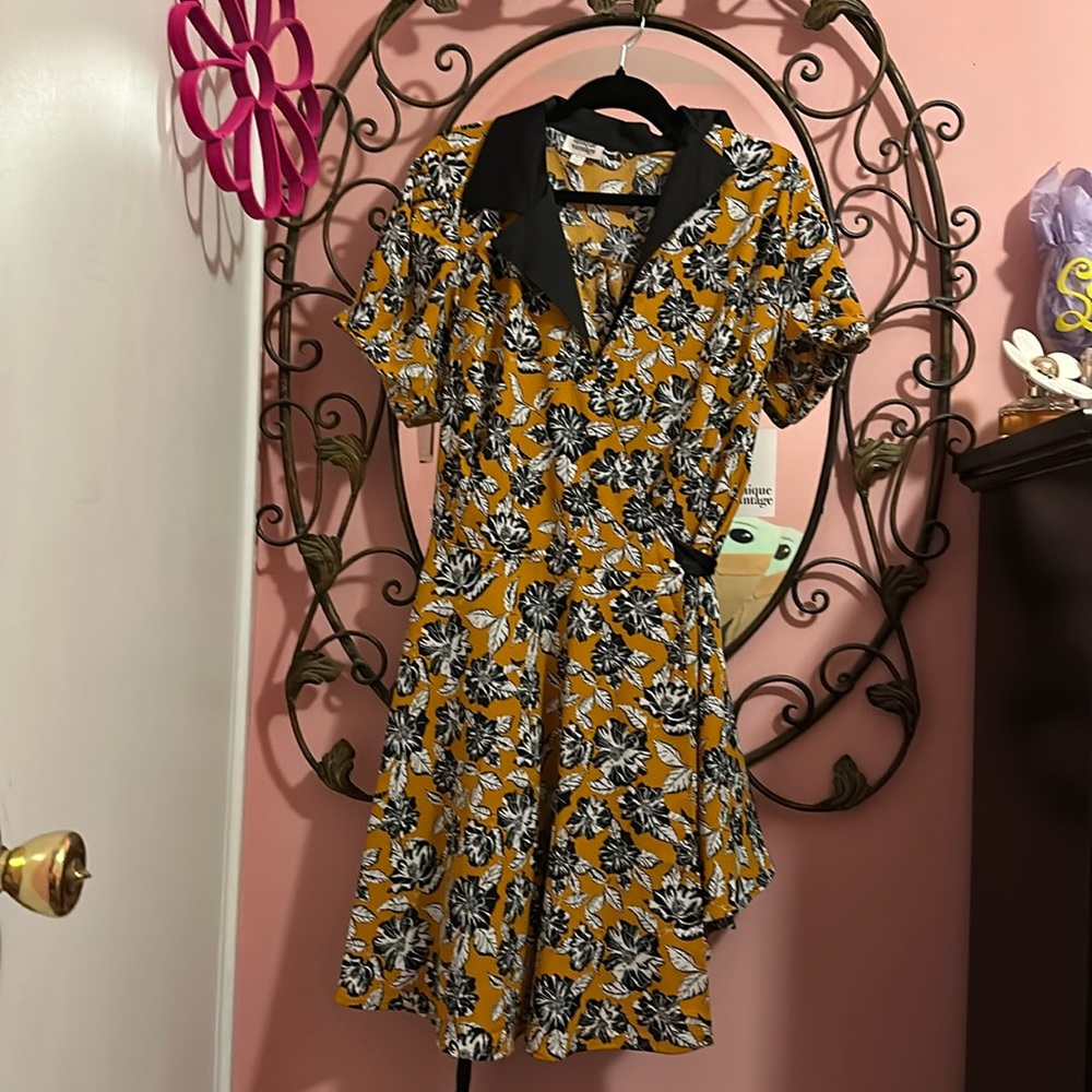 Orange & black floral wrap dress